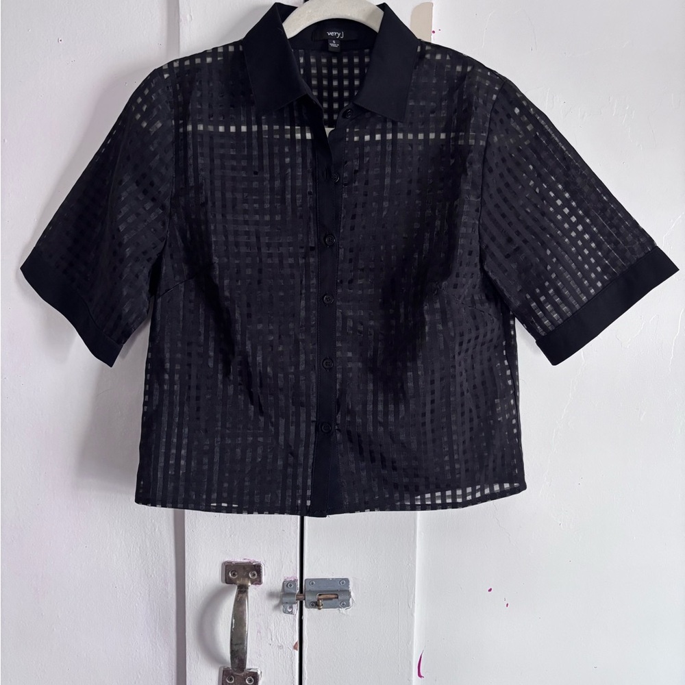 Very J Black Sheer Checkered Button Down Shirt
